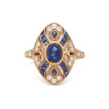 AN ART DECO STYLE SAPPHIRE AND DIAMOND PANEL RING