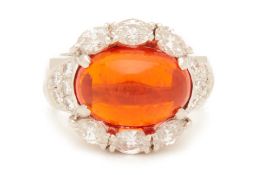 A FIRE OPAL AND DIAMOND RING