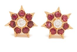 A PAIR OF RUBY AND DIAMOND FLOWERHEAD CLUSTER EARRINGS