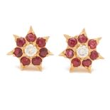 A PAIR OF RUBY AND DIAMOND FLOWERHEAD CLUSTER EARRINGS