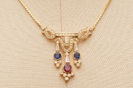 A RUBY, SAPPHIRE AND DIAMOND PENDANT NECKLACE