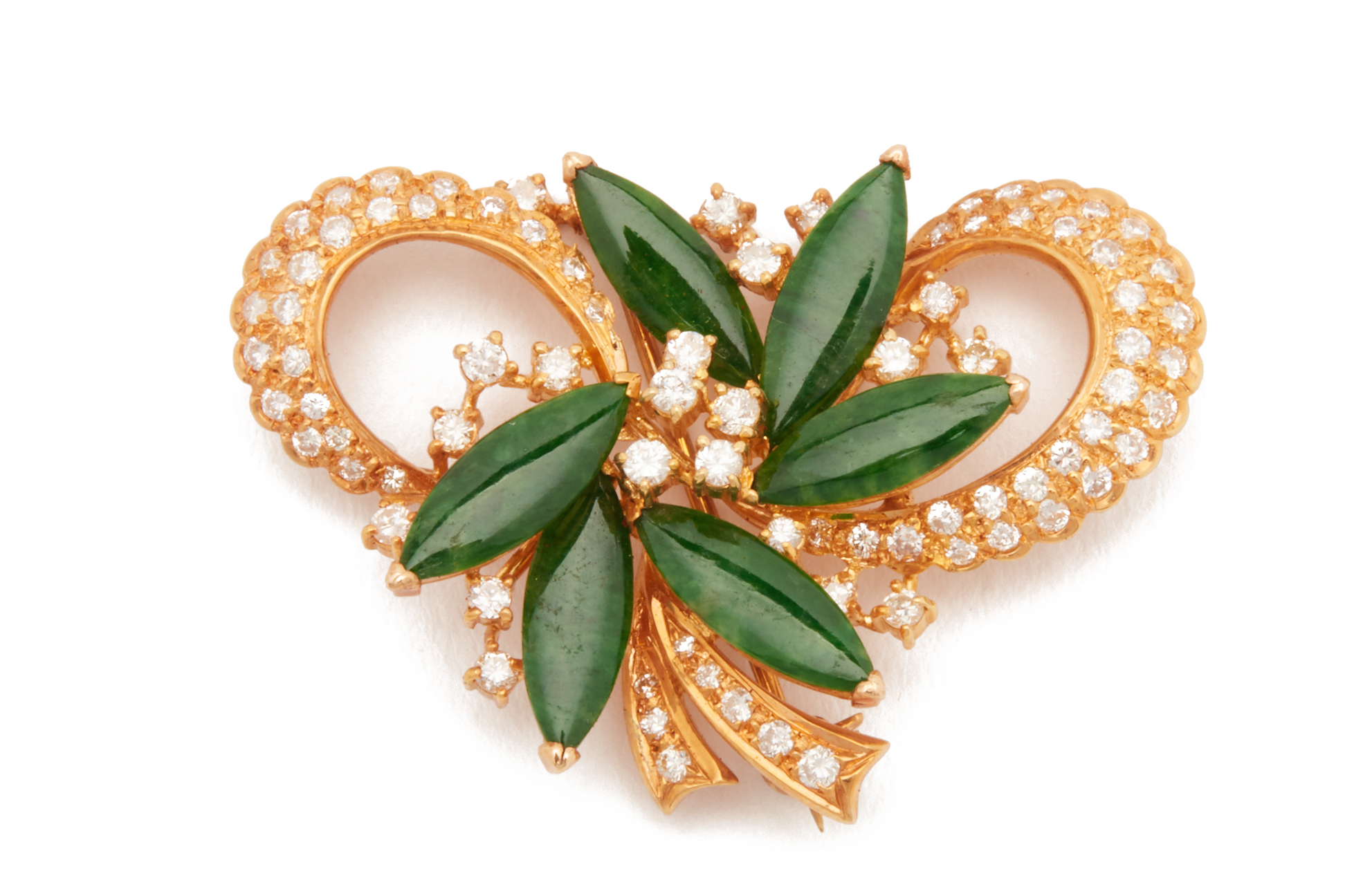 A JADE AND DIAMOND FOLIATE BOW BROOCH