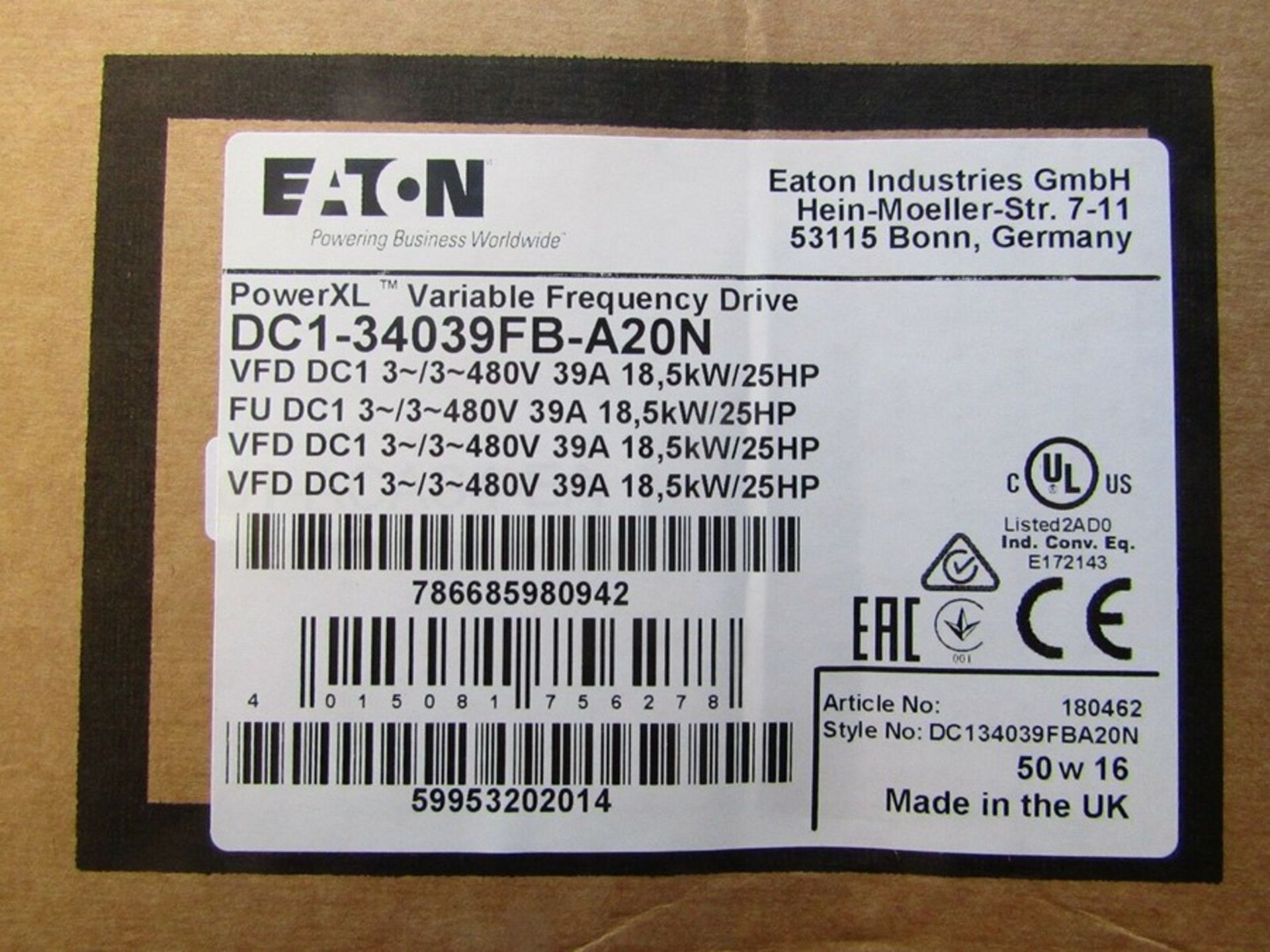 Eaton DC1 Inverter Drive 3 Phase In 0-500Hz Out 400V + EMC Filter H9R4 1224316 - Image 2 of 3