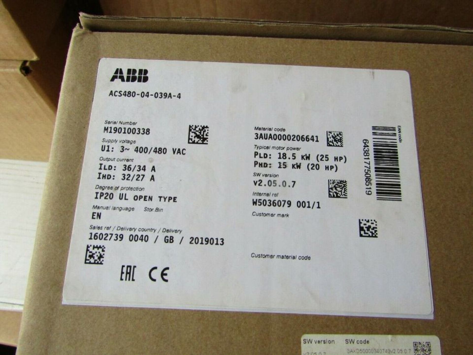 ABB Inverter Drive 3-Phase 48-63Hz Out 18.5kW 380-480V 36A ACS480 BCL1 1809659 - Image 2 of 2