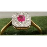 Vintage 18ct Gold, Platunum, Diamond and Ruby Ring - UK size N 1/2