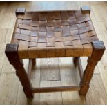 Vintage Robert Thomson Mouseman Leather Topped Stool -18 1/4" tall x 15 1/2" x 12 1/2"