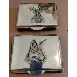 Lot of 2 x Vintage European Silver Topped and Horn Boxes with Stag and Fox Themes marked 900.
