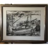 John Bellany Framed and Signed Watercolour of a Leith Registered Boat-actual watercolour 73cmx65cm.