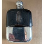 Antique Silver, Glass and Leather Hip Flask - 6" x 4".