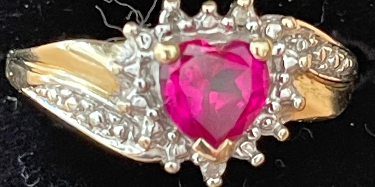 10ct Gold, Diamond and Ruby? Ring - UK size P - 2.7 grams. - Image 3 of 4