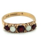 Vintage 9ct Gold, Garnet and Opal Ring - UK size (Q) - 2.5grams.