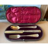 Antique/Vintage Boxed Silver Gilt Christening Set - Knife 8" long.