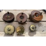 Lot of 6 Antique/Vintage Fishing Reels 3 wooden largest 4 1/4" dia and 3 Brass largest 3" dia.