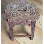 Antique Arts Crafts Oak Stool carved with Ivy, Vines, Ferns 56cm tall.