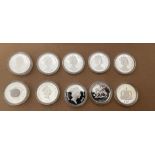 Lot of 10 Queen Mother Silver Proof Coins for Various Countries.