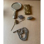 Lot of Silver Watch Chain - Brooches - Stick Pins - Advertising Mirror - Owl Notelet Holder.