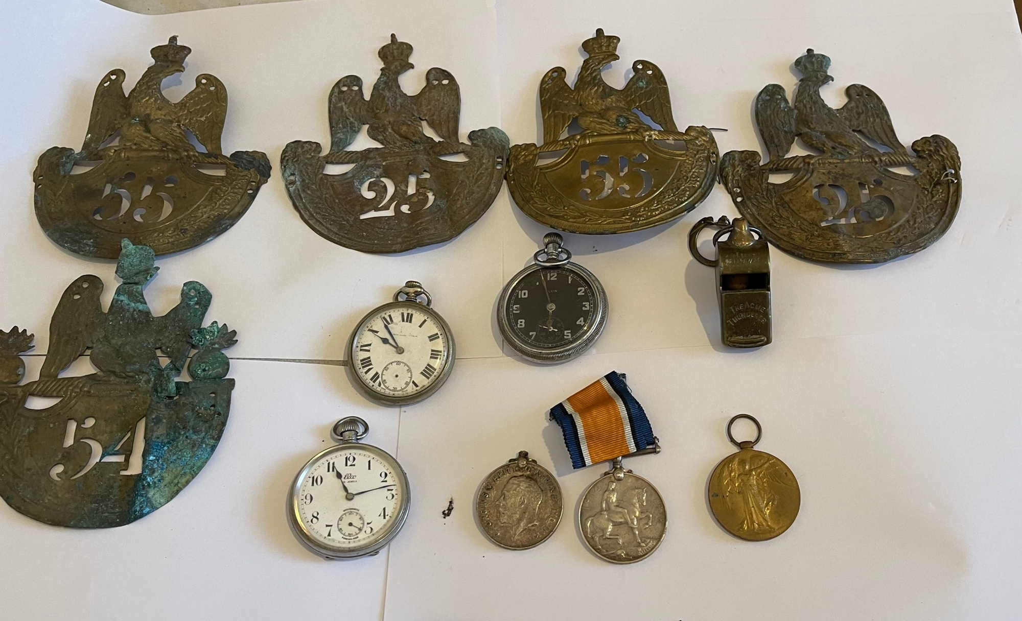 Lot of Napoleonic Brass Cap Badges, Military Watches, Medals etc.