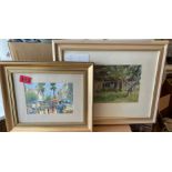 Yvonne Turnbull Watercolours of "Market at Dezenas" 17.5cmx12.5cm and "Deserted Shed 24.5cmx14.5cm.