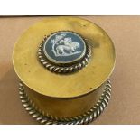 Antique/Vintage? Brass Velvet Lined Lidded Pot set with Wedgwood Medallion - 3" tall - 3 3/4" base.