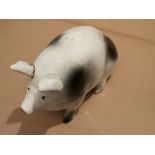 Antique Scottish Pottery Black and White Pig 7" long and 4" tall.