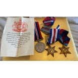 Named Box of WW2 Group of 3 Medals and Miniatures and entitlement slip.