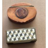 Lot of Antique Tobacco Box and 19th century horn snuff box with a geometric ivory inlaid lid.