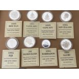 Lot of 8 Queen Mother Silver Proof Coins with certificates - each coin 31.47grams-apart from one 10g