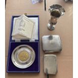 Silver (Jubilee Dish 3 3/4") -2x Cigarette Cases 3 1/4 x 3 1/4"&3 1/8" x 2 1/4")-Vase 4" -310 grams.