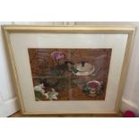 Paul Raine "Findhorn 94" Mixed Media Painting of Flowers-Teapot etc- painting 22 1/2"x17 1//2".