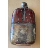 Antique Crocodile Skin, Silver and Glass Hip Flask - 7" tall and 4" wide.