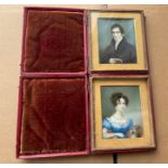 Pair of Antique Red Morrocco Leather Cased Miniatures of Gent and Lady.