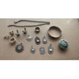 Lot of Silver Watch Fobs, Rings, Lidded Box, Bangle, Cufflinks, Chain etc -190 grams total.