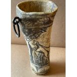 Antique Carved Bone Cup with Archer and Huntsman Figure and Face to base - 6" tall - 288 grams.