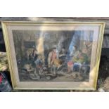 Antique Framed "Weighing the Deer" Print 30" x 24" plus 4 Framed Hunting Prints 10 1/2" x 8 1/2".