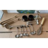 Lot of Silver Tongs, Sugar Spoon, Silver Candlestick, Cake Slice, Napkin Rings with silver shields