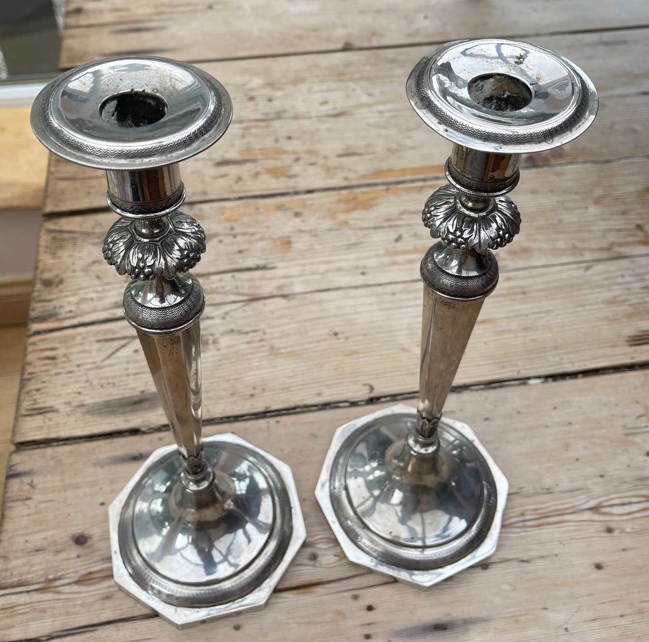 Pair of Antique "Freytag" marked Silver Candlesticks - 12 5/8" (32.2 cm) tall - approx 880 grams.