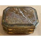 Antique Brass and Agate Box - 3 3/4" x 3" x 1 3/8" with internal lid and surrounding scroll work.
