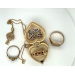 Lot of 15ct Ring, 9ct Ring, 9ct Gold Signet Ring and Gold Cross - total weight 10.2 grams.