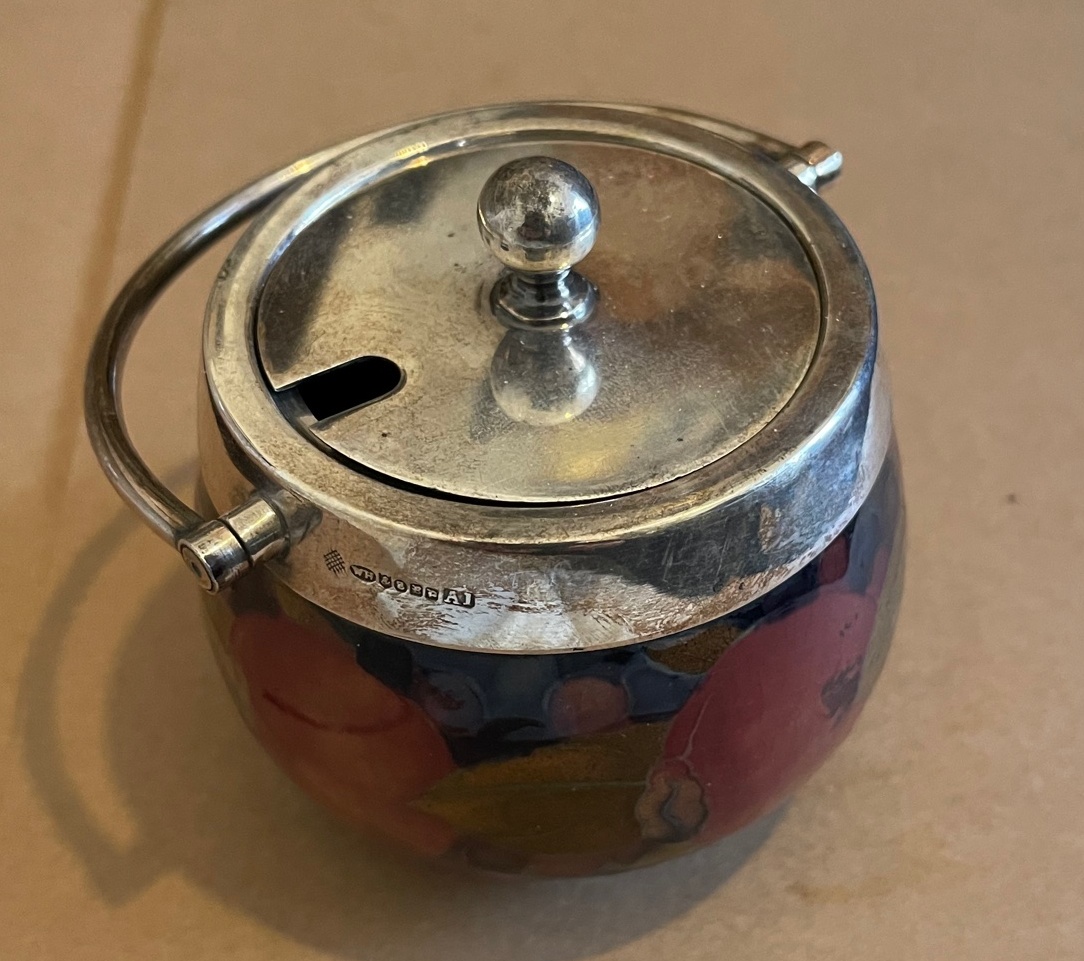 Antique Moorcroft Preserve Pot with Silver Plated Fittings-approx 3 1/2" Tall and 3 1/2" at widest