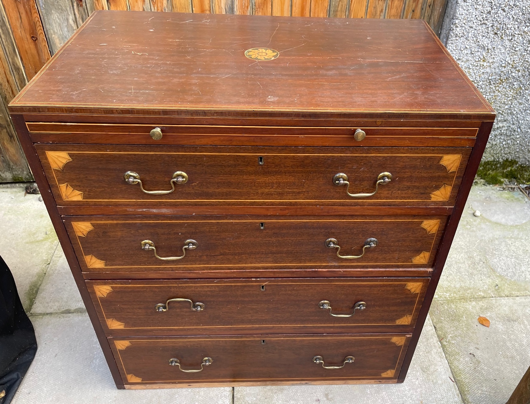 Antique Inlaid Chest of Drawers with Slide - 31" x 29 1/2" x 18 1/4". - Image 5 of 6