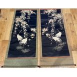 Lot of 2 x Chinese Silk Embroidered Wall Hangings each 160cm x 58cm - Cranes and Floral Decoration.