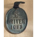 Antique Metal Glasgow Drivers 1093 Badge - Horse Tram? - 3 1/2" x 2 3/8".