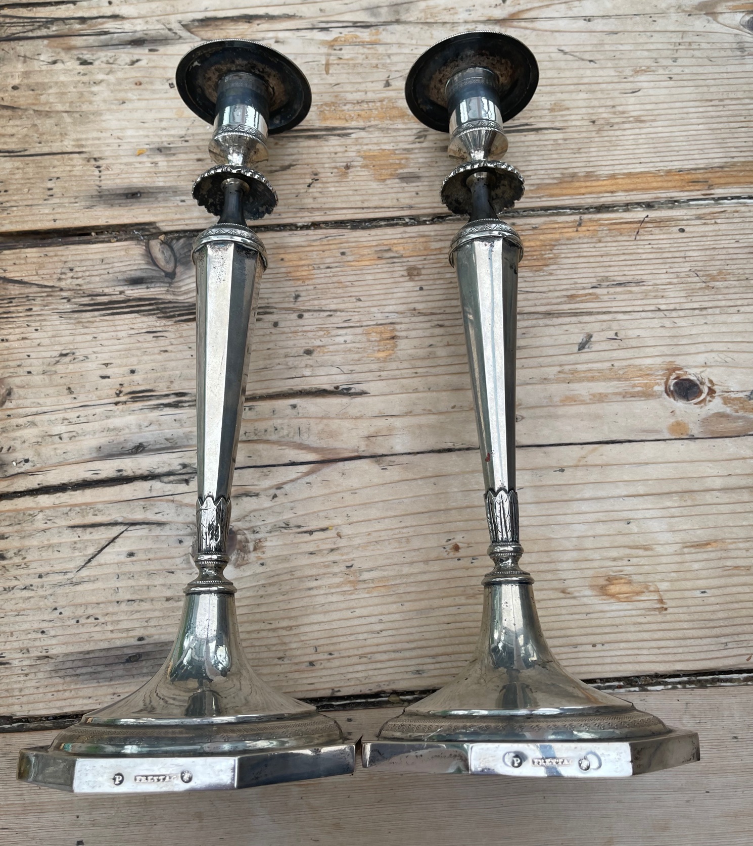 Pair of Antique "Freytag" marked Silver Candlesticks - 12 5/8" (32.2 cm) tall - approx 880 grams. - Image 2 of 7