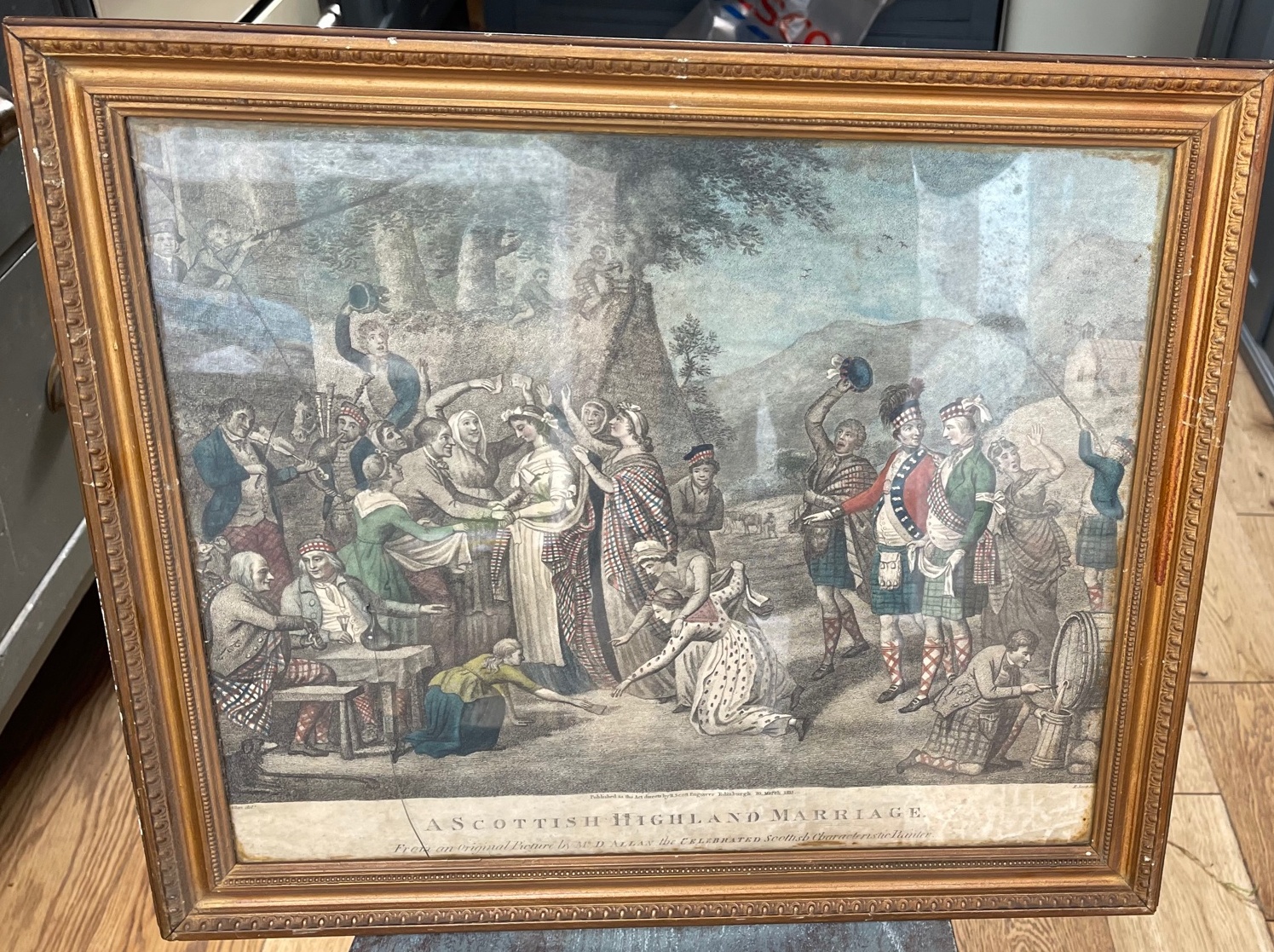 Antique 1815 Framed Engraving "A Scottish Highland Marriage" - actual engraving 13 5/8" x 9 1/2".