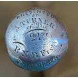 Antique Cane - 31 1/4" with silver top inscrption to the Royal North British 21st Fusiliers.