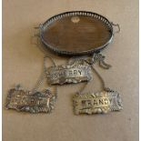 Antique Levi&Salaman Miniature Silver and Wood Gallery Tray plus 3 Sterling Silver Wine Labels.