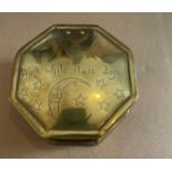 Antique Brass Octagonal Masonic Box "work while it is daye" - 4 5/8" across top.