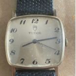 Vintage Gold Square Cased Gents Tudor Watch - case approx 30mm across - working order.