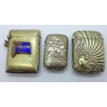 Three plated vesta cases, one depicting a horse, one with Niagara enamelled flag and one Art Nouveau