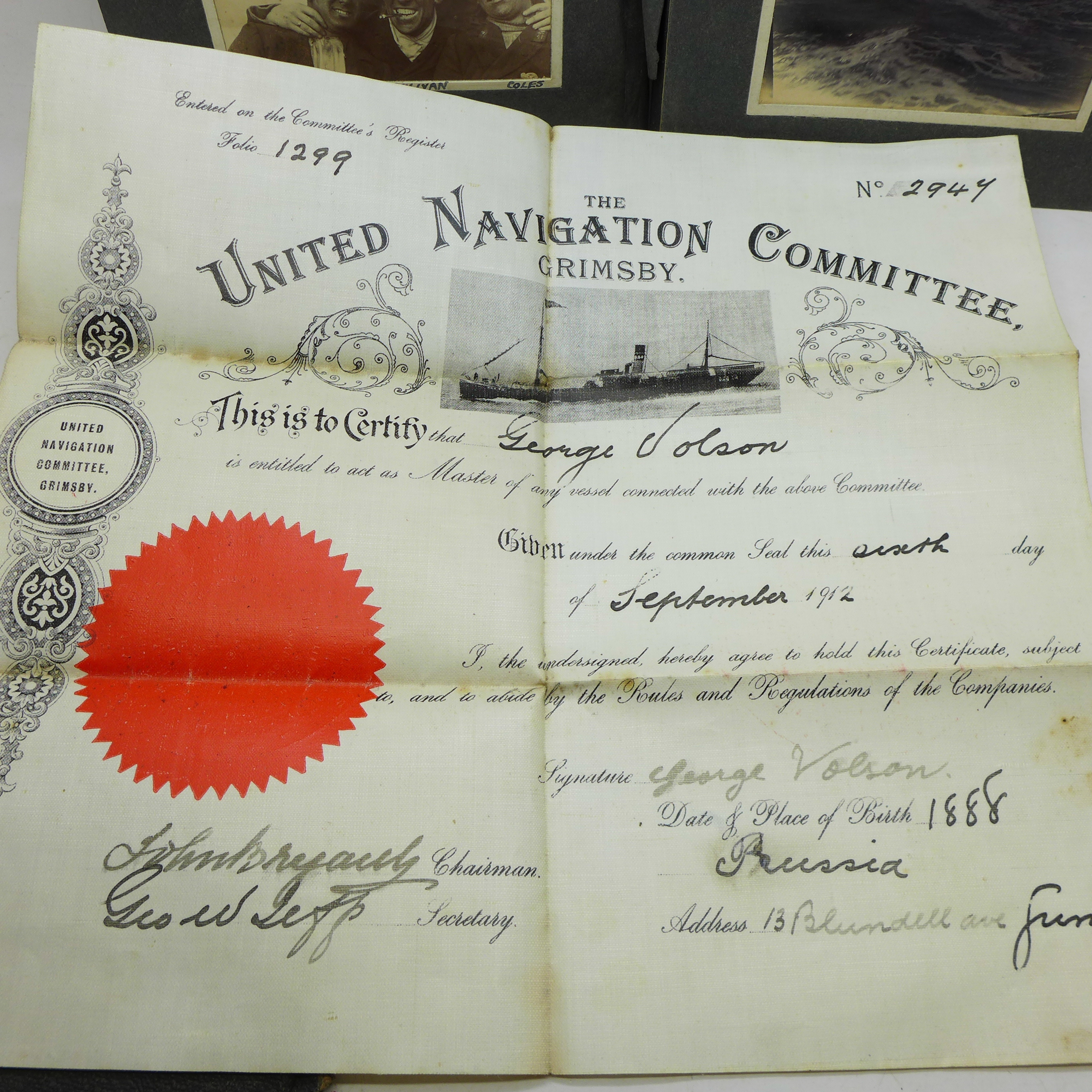 A United Navigation Committee Grimsby certificate, a photograph album including yachting, a Cunard - Image 5 of 10